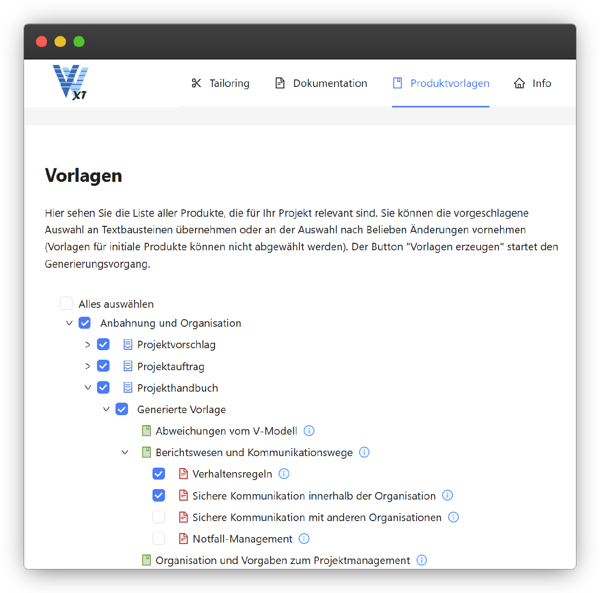 Figure 5: Selection of product types for exporting templates