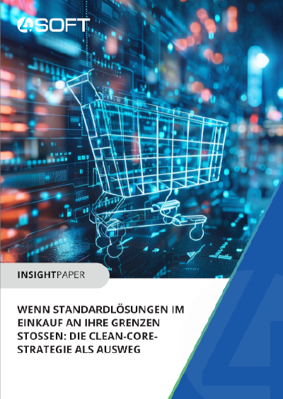 Titelblatt des 4Soft Insight Papers „Wenn Standardlösungen im Einkauf an ihre Grenzen stoßen: Die Clean-Core-Strategie als Ausweg“ mit einem digital leuchtenden Einkaufswagen