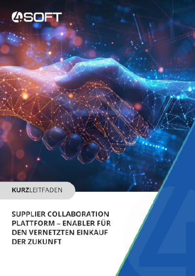 Titelblatt des 4Soft Kurzleitfadens „Supplier Collaboration Plattform – Enabler für den vernetzten Einkauf der Zukunft“ mit einem digital leuchtenden Handschlag